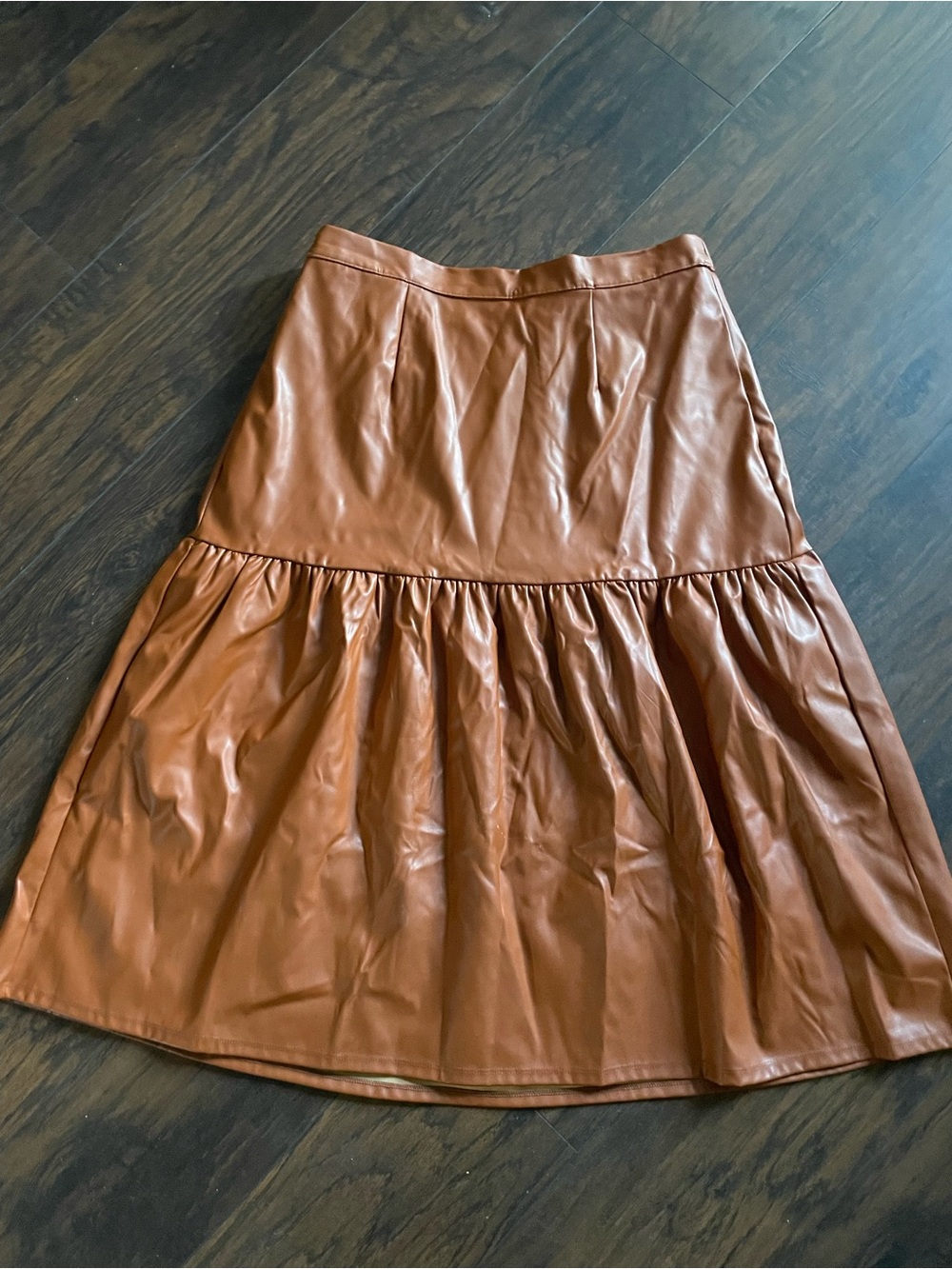 Vegan Leather Tiered Midi Skirt - Brown